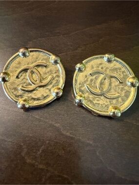 CHANEL Gold Plated CC Coin Clip On Earrings With COA